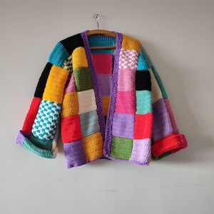 Patchwork boho cardigan, woman gifts, large patch sweater, bulky handmade clothes, crochet custom jacket, spring coats, mother&#39;s day gifts