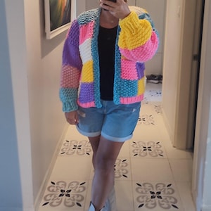 Chunky cardigan patchwork,  viral handmade cardigan, patchwork oversize wool sweater, woman knit clothing, Unique gifts for her birthday