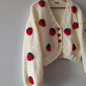 Strawberry cotton sweater, famous knitted clothings, women chunky cardigan, embroidery girl gifts, famous custom jumper, lolita cute sweater