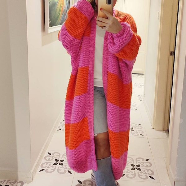 Striped boho woman maxi Cardigan, handmade mohair luxury coat, pink chunky Knit jumper, Oversized Cozy Colorblock sweater, express shipping