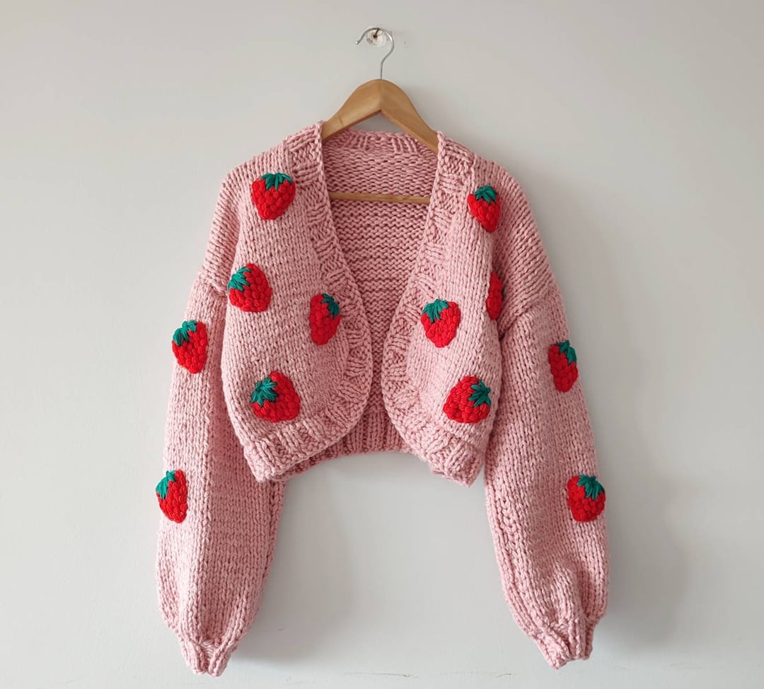 Buy Strawberry Knit Sweater, Applique Cardigan, Pink Summer Sweater, Gift  for Her, Trendy Handmade Outfit, Cute Cottagecore Outfit, Kawaii Gifts