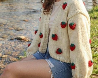 Artisanal Strawberry Cardigan, Modern Minimalist Hand-Knitted Sweater, Tactile Richness Oversized Knitwear, Handcrafted Artisan Knit Sweater