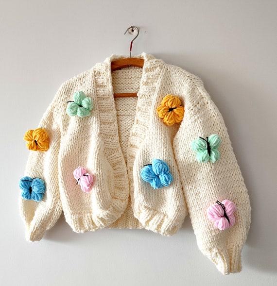 Buy Chunky Butterfly Knit Cardigan, Embroidered Ivory Jumper