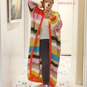Maxi long knit cardigan, rainbow cozy wool coat, striped oversized large sweater, bydna angora hand knitted