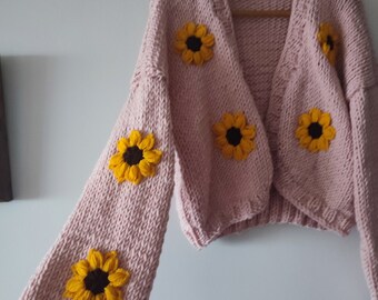 Baby pink cardigan, easter trendy women clothes, floral decorated sweater, oversize sunflowers jumper, spring clothes, mom gifts knitwear