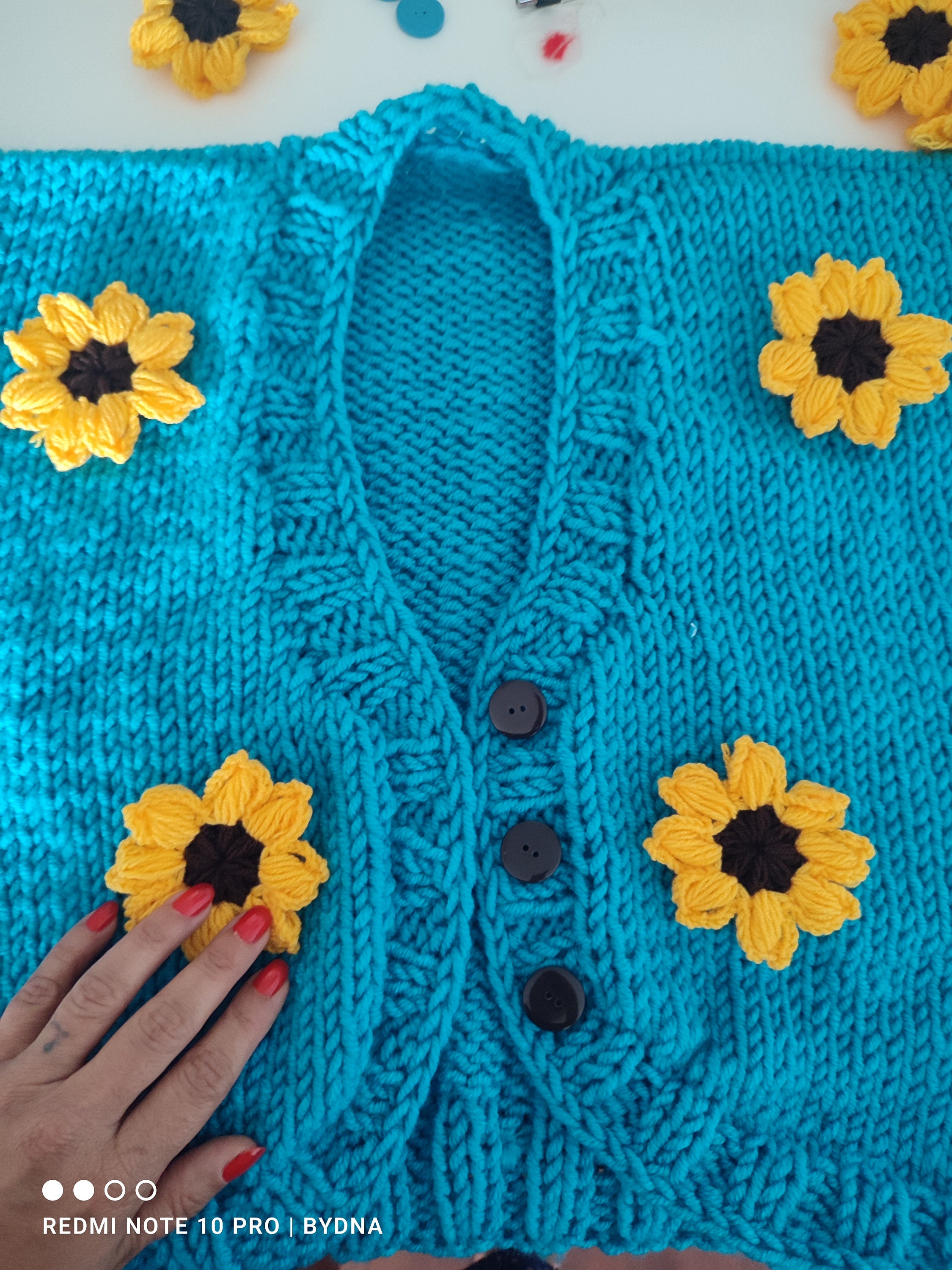 Back to School Cardigan, Sunfower Teal Sweater, Maximalist