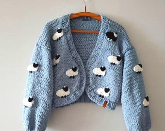 BYDNA Sheep 3D embroidery blue cardigan, hand Knitted trendy bulky sweater, black sheep on whites princess cardigan