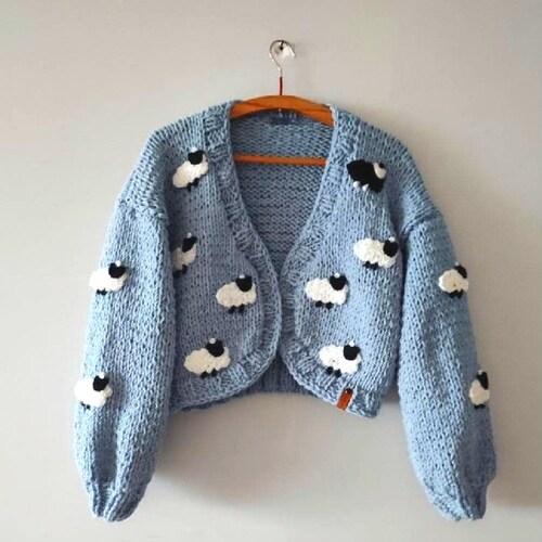 BYDNA Sheep 3D Embroidery Blue Cardigan, Hand Knitted Trendy Bulky