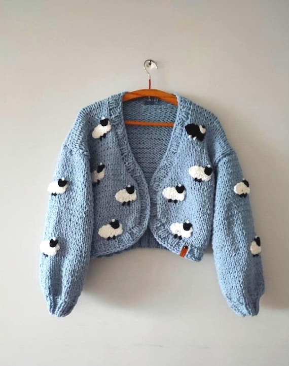 Sheep Blue Cardigan, Trendy Chunky Sweater, Black Sheep on Whites