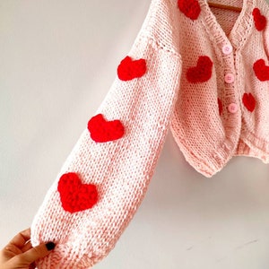 Heart Wool Pink Cardigan, Cozy Chunky Heart Sweater, Pink