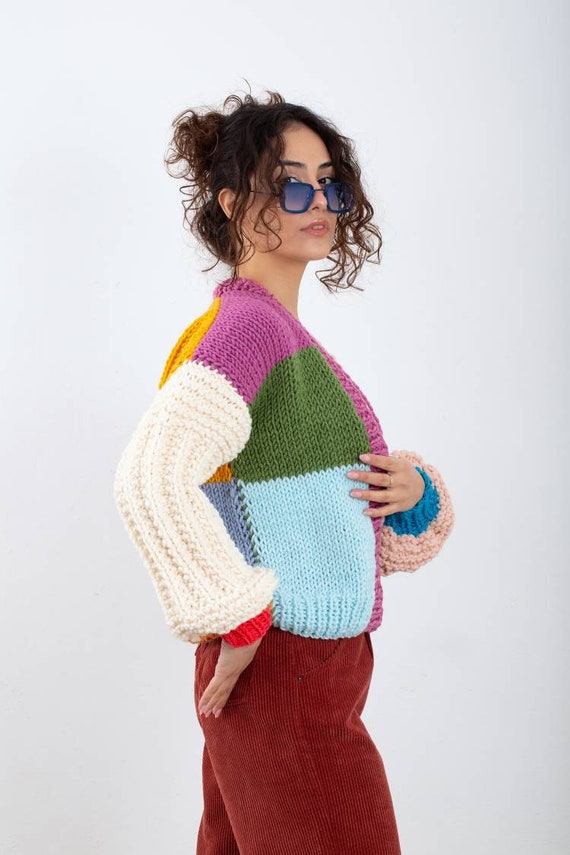 Colorblock Woman Cardigan, Trendy 11.11 Gifts, Patchwork