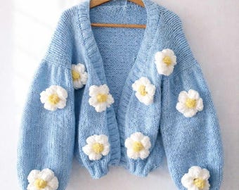 Oversized Blue Daisy Cardigan, Handmade Mid Length Flower Sweater, Boho Knit Jacket