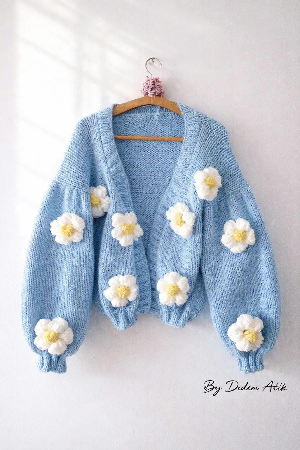RUDE GALLERY DIA KNIT CARDIGAN ライトブルー Oversized Blue Daisy Cardigan, Handmade Mid Length Flower Sweater