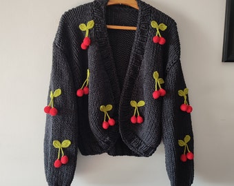 Christmas Gift Cardigan, Cotton Knittings, Woman Black Cherry