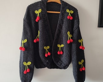 Christmas gift cardigan, cotton knittings, woman black cherry cardigan, halloween party  sweater, fruit 3d knit jumper, hand knit chunky top