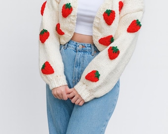 Embroidered Strawberry Crop Cardigan: Chunky viral Knit Sweater, 3d fruit embroidery jumper, handmade special gifts for her