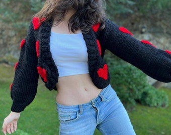 Black Heart Cardigan, Embroidery Women Sweater, Woman