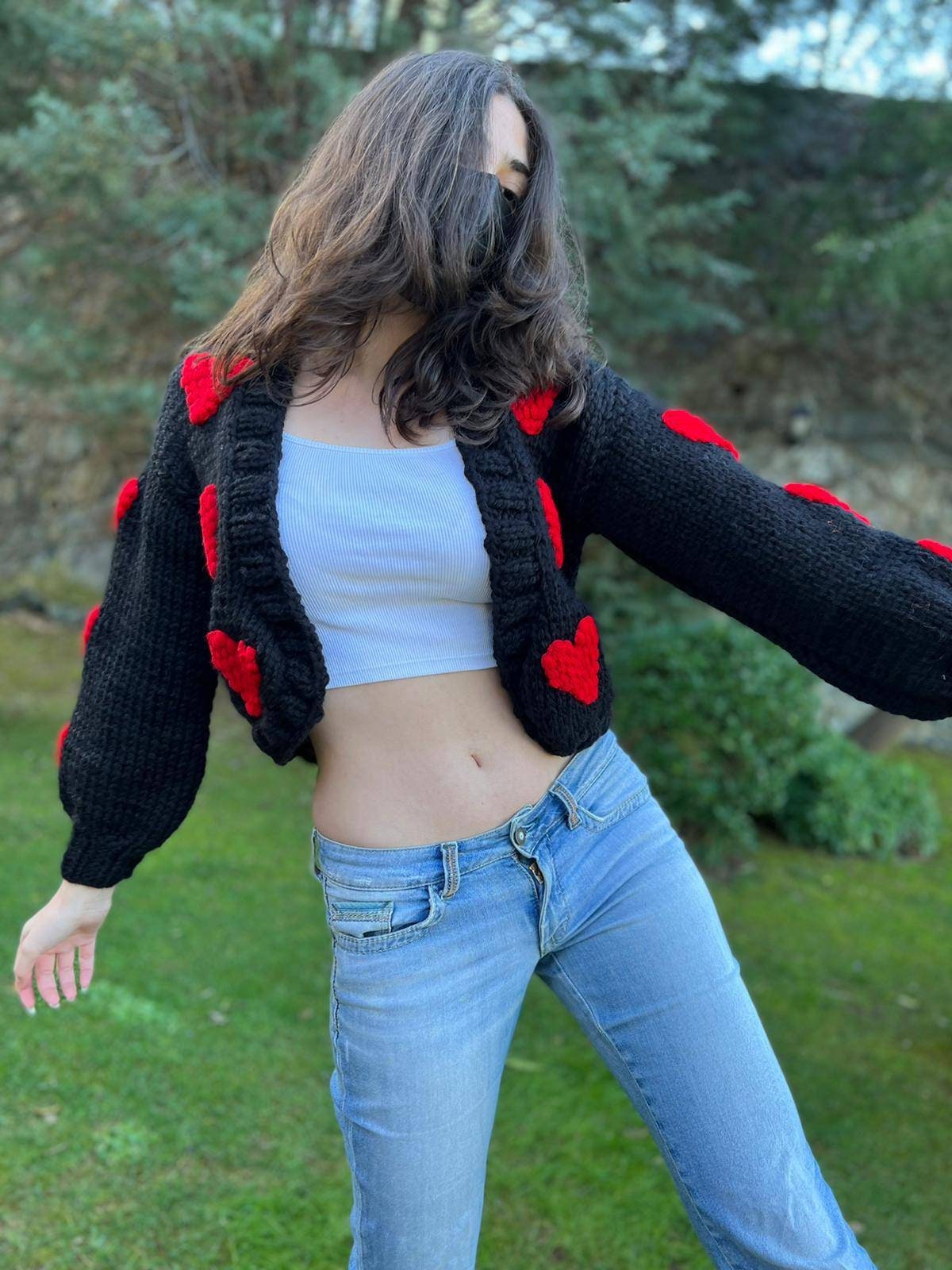 Black Heart Cardigan, Embroidery Women Sweater, Woman