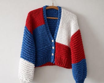 Patriotic Chunky Knit Cardigan, Cotton hand knitted independence day outfit, 4th of July sweater, Handmade Cropped Cardigan
