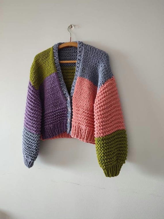 Summer cotton knit woman cardigan,  cotton colorblock handmade sweater, oversized jumper, handmade gifts for her, trendy woman clothes