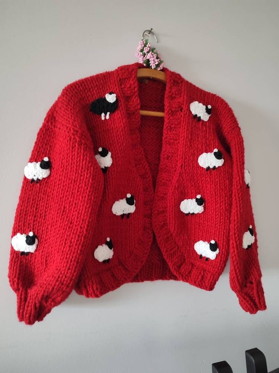 BYDNA Red Sheep Cardigan, Handmade Chunky Knit Cardigan, Cottagecore Wool Blend Sweater, Oversized Cardigan Gift for Her