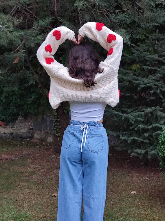 Valentine Gift Heart Embroidery Cardigan, Sweater Jumper