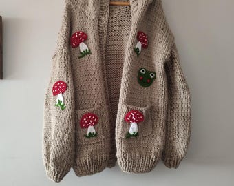 Embroidered Mushroom Frog Knit Cardigan - Oversized Hooded Jacket - beige handmade custom gift - cozy cottagecore jumper