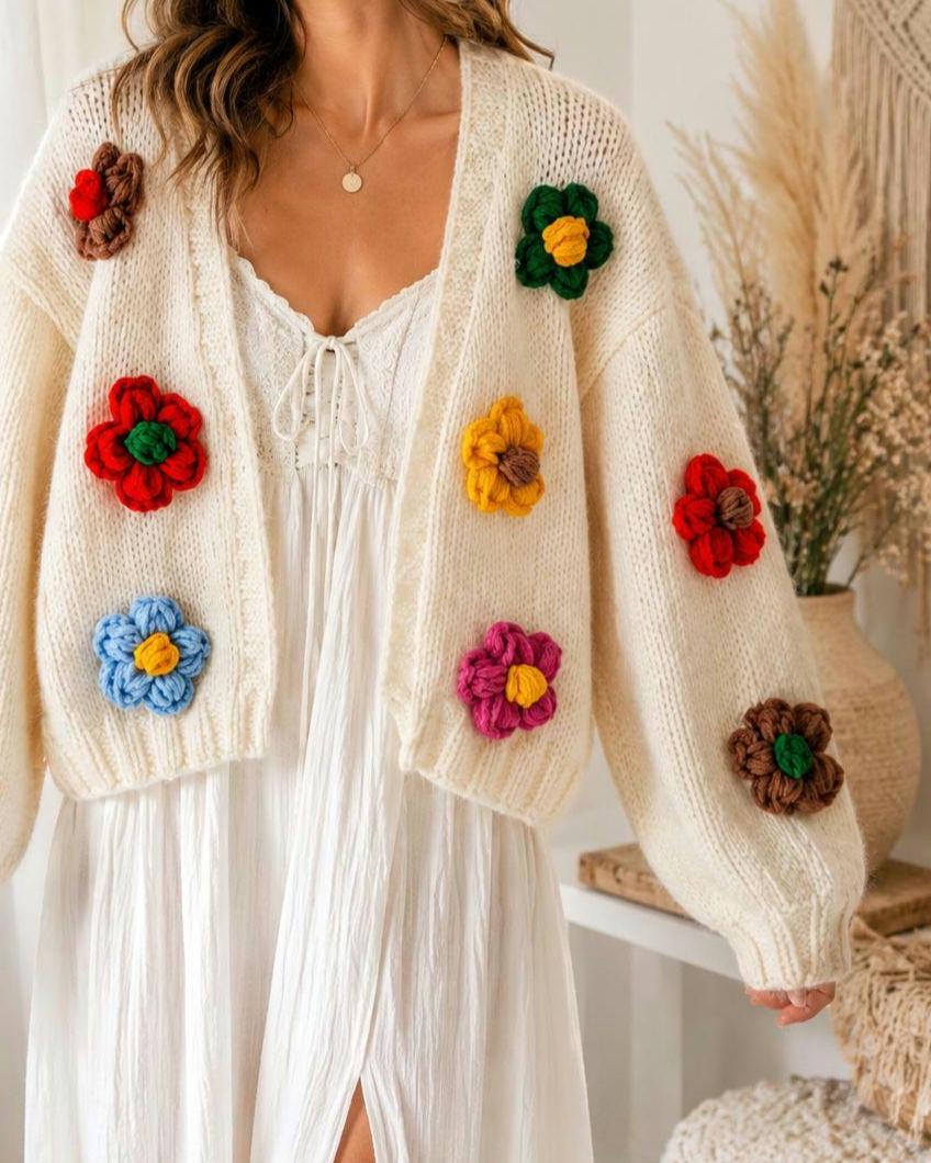 3D Flower Knit Cardigan, Chunky Knit Women Sweater, Handmade