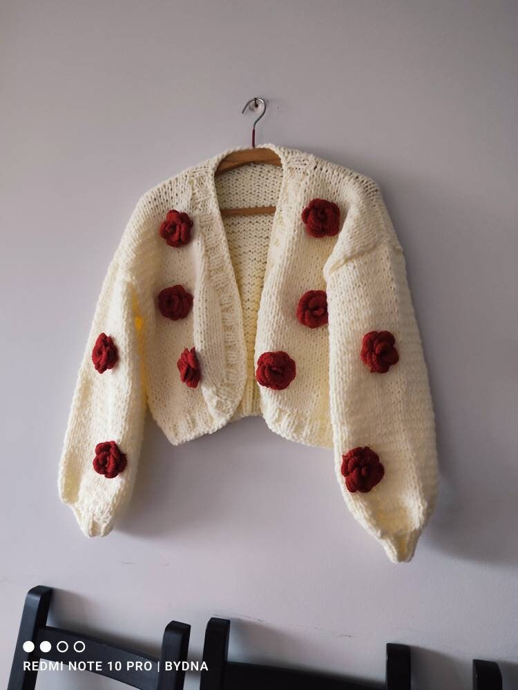 Red Rose Cardigan, Woman Gift Cardigan, Floral Handmade Sweater