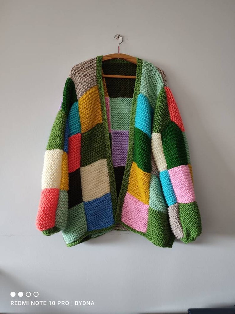 Angora patch cardigan, rainbow midi cardigan, patchwork oversize sweater, woman chunky pullover, handmade woman clothes, gifts for her him image 3