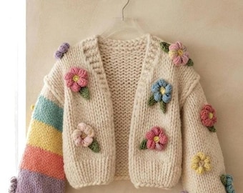 Chunky Handmade bloom cardigan, multicolred  floral embroidery sweater, Christmas Gifts for her,  crop jumper