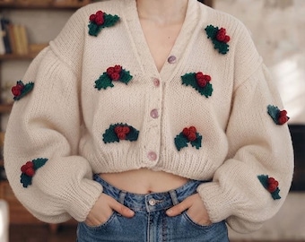 Christmas holly berry cozy women Cardigan, Holiday party festive sweater, 3D mistletoe embroidered chunky jumper, gift for girlfriend