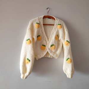 Lemon slice embroidery woman trendy cardigan,cotton or acrylic oversize spring mid crop knit sweater, birthday gift for her, handmade jumper