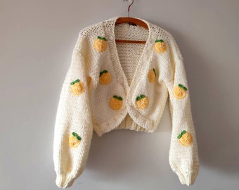 Leilayca Carrot Cardigan,3d Fruit Embroidered Cardigan , Orange