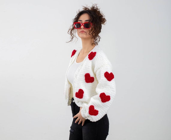White Heart Cardigan, Embroidery Love Sweater, Winter Trendy