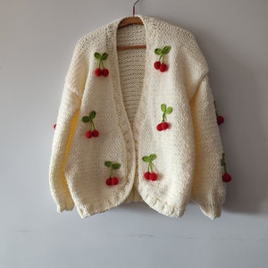 Oversize Knit Cardigan with Cherries – Handmade Cherry Cardigan Women – Crochet Fruit Embroidery Sweater – Cute Long Cardigan by BYDNA