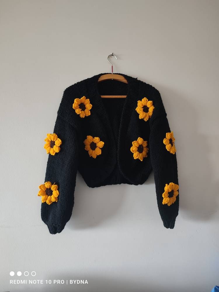 Black Sunflower Cardigan, Custom Order Knitting, Handmade Floral 