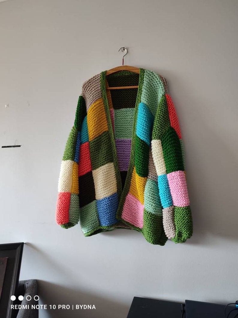 Angora patch cardigan, rainbow midi cardigan, patchwork oversize sweater, woman chunky pullover, handmade woman clothes, gifts for her him image 8