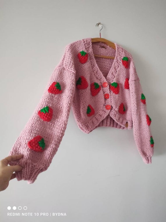 Strawberry Pink Cardigan With Buttons, Cozy Wool Crop Sweater