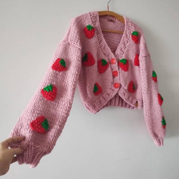 Strawberry pink cardigan with buttons, cozy wool crop sweater, custom knitted jacket, fashionable cardigans, fruits embroidery cute cardigan