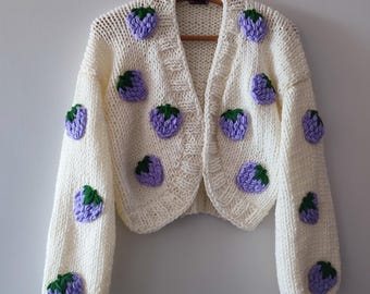 Handmade Chunky Knit Strawberry Cardigan: Embroidered Oversized Sweater, Lilac Strawberries Applique Jumper