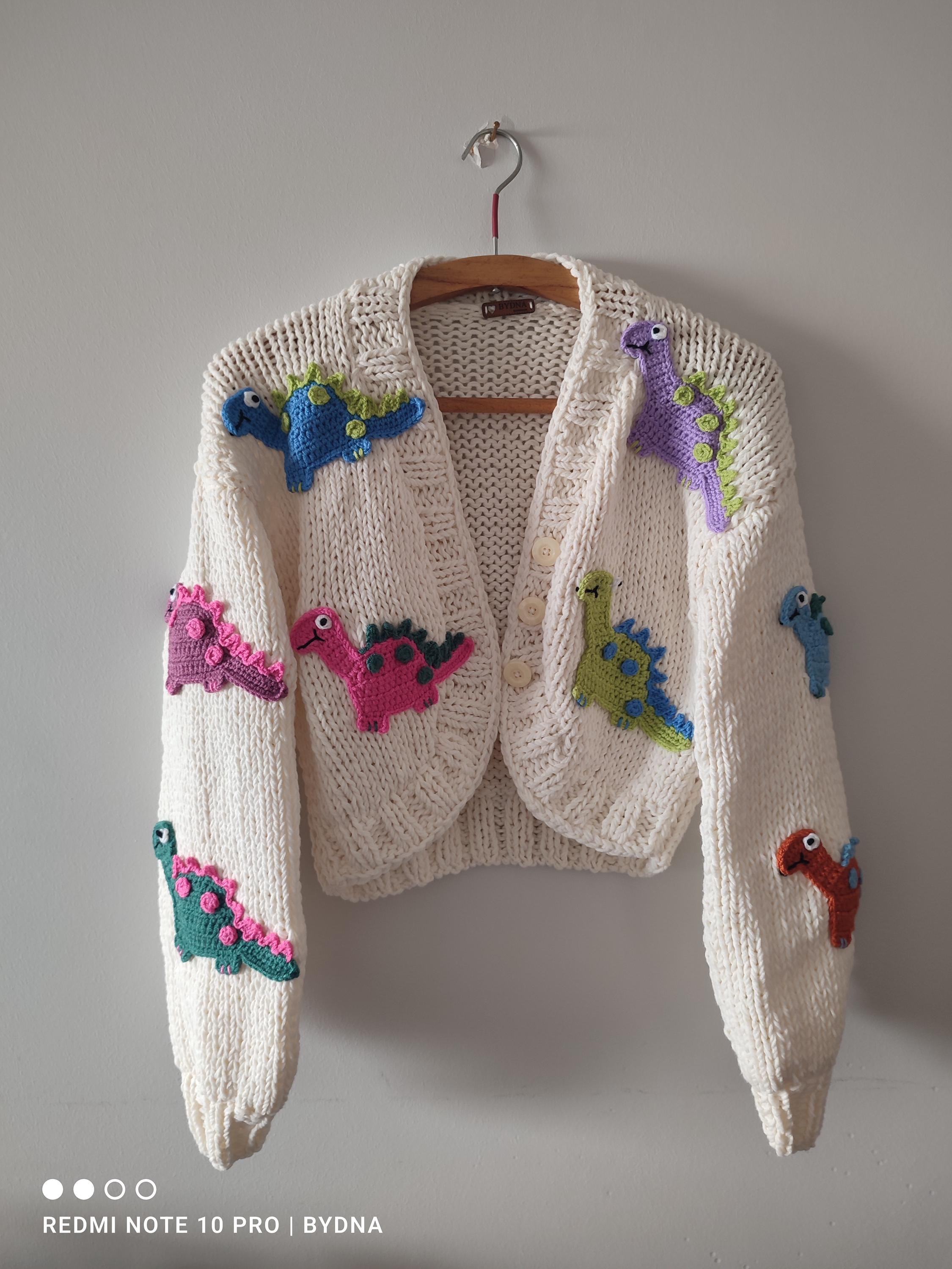 Handmade Cotton Blend Dinosaur Embroidery Cardigan, Animal Knit
