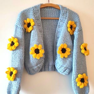 Blue sunflower cardigan, trendy women clothes, floral crop sweater, oversize women clothes, embroidery jumper for her, sale handmade gifts