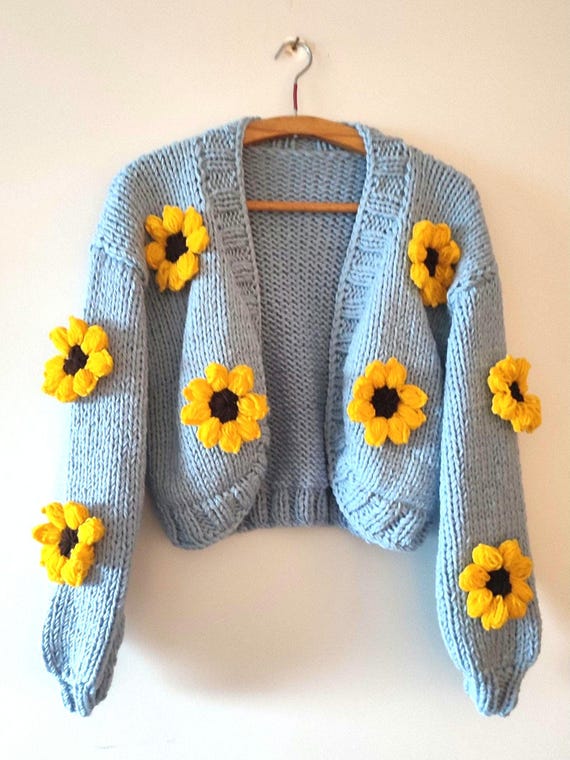 Blue Sunflower Cardigan, Trendy Women Clothes, Floral Crop