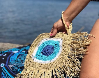 Mom clutch evileye bag, unique design ByDna, blue crochet, handbag, handmade mother's day gifts, California style , trendy women accessories