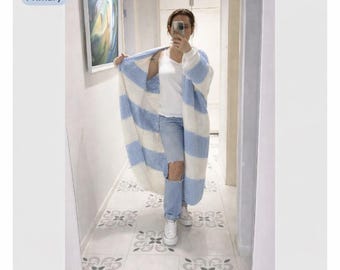 Hand Knit Angora Wool Cardigan, Blue White Stripes, Oversize Mohair Sweater