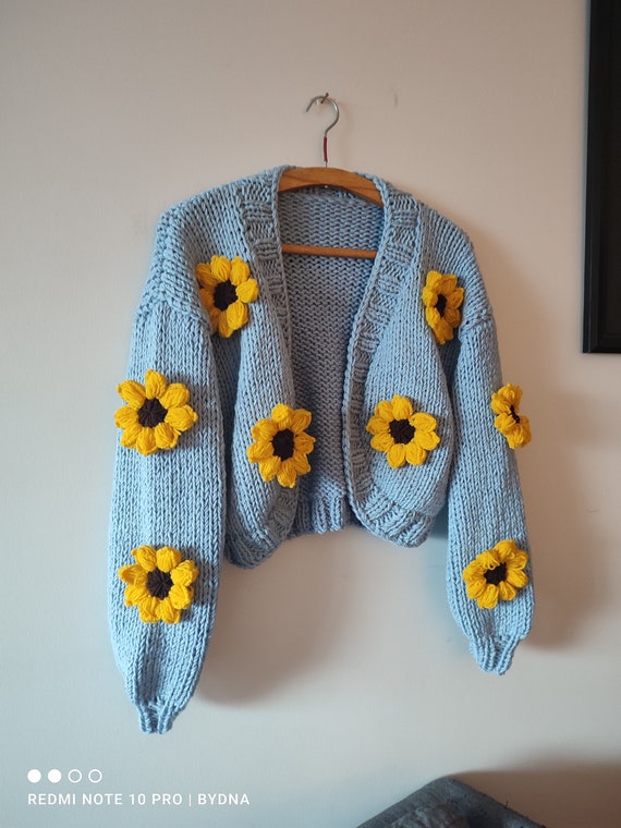 Blue Sunflower Cardigan, Trendy Women Clothes, Floral Crop Sweater,  Oversize Women Clothes, Embroidery Jumper for Her, Sale Handmade Gifts 