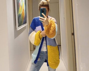 Oversize long cardigan sweater, chunky colorful sweater, oversize knitted sweater, unique custom christmas gifts, trendy woman clothes