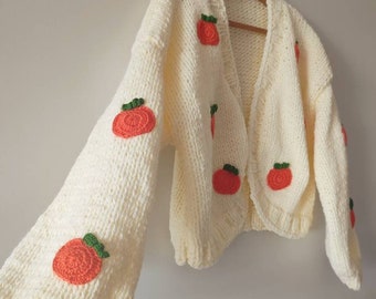 Halloween Handmade Embroidery Pumpkin Cardigan, Cozy Fall Witchy Knitwear, Handmade Chunky Knit Jacket, Hand Knitted Fall Sweater