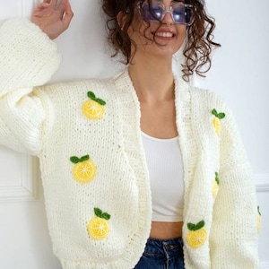 Cotton knitted lemon cardigan, new season lemon slices fruits embroidery sweater, trendy woman clothes, gift cute sweater, handmade jumper